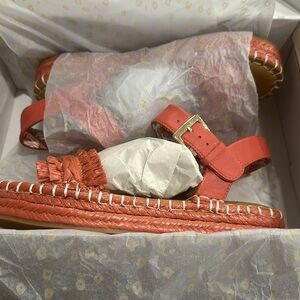 Cooper Key Leather & Raffia Coral/Rust Wedge Open Toe Sandals 8.5 NEW****